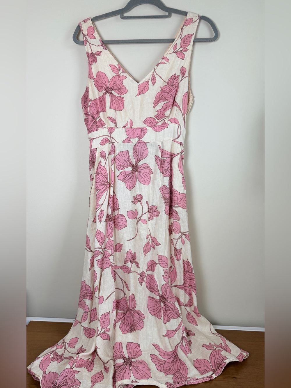 Cynthia Rowley Floral V-Neck Pink and Cream Linen Midi Dress